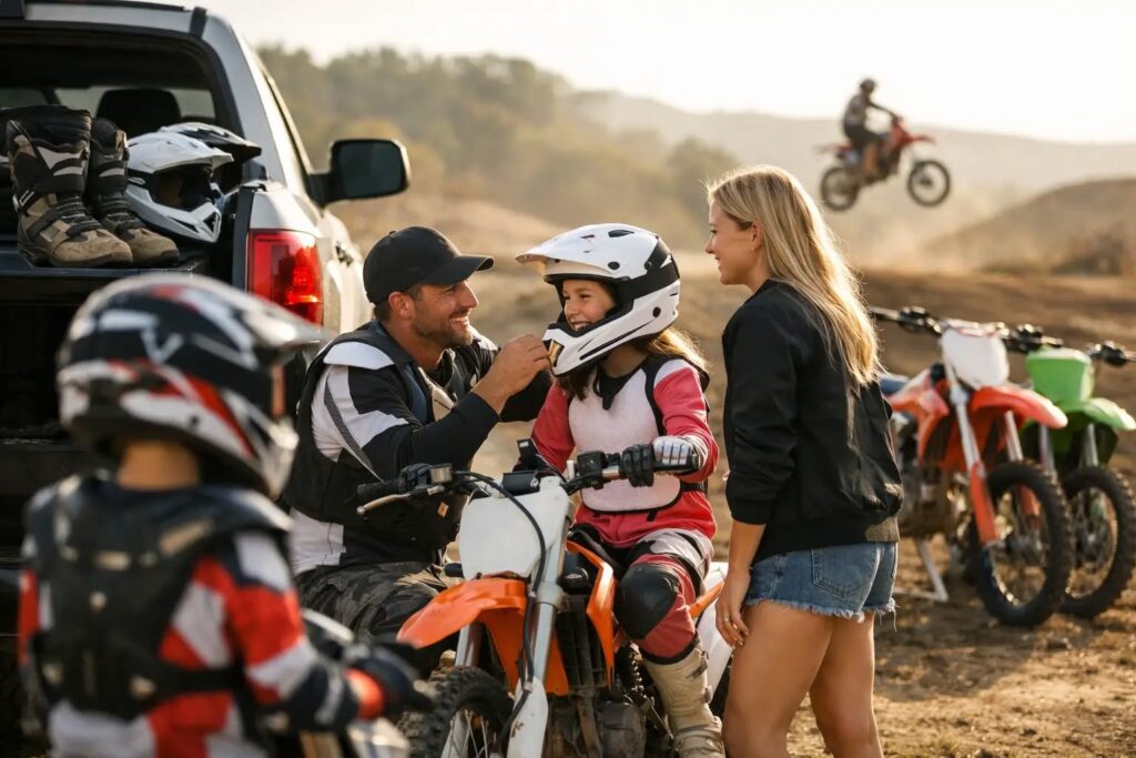 Parent adjusts young rider's helmet beside dirt bike while family prepares at a motocross track.