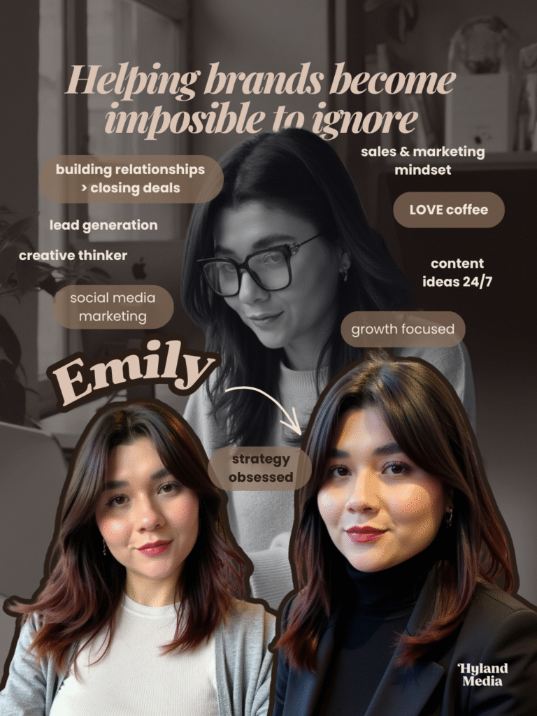 Emily, Hyland Media strategist, featured with messaging about lead generation, social media marketing, and growth-focused strategy.