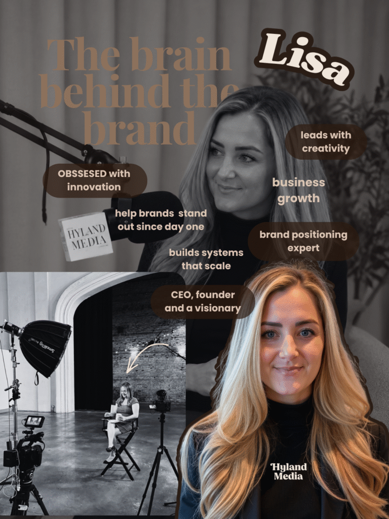 Lisa Philips, Hyland Media founder, speaking on a podcast with highlights of branding, growth, creativity, and leadership expertise.