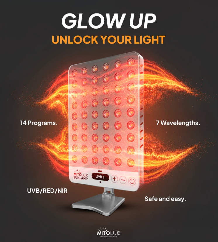 Mitolux BTS2 full-spectrum light therapy lamp emitting red light, promoted for indoor sunlight replacement.