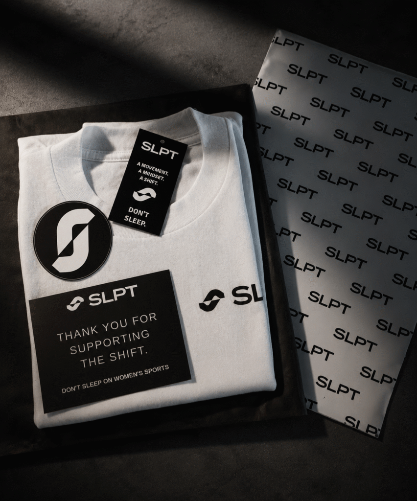 SLPT streetwear package with branded T-shirt, sticker, and thank-you card promoting women’s sports visibility.