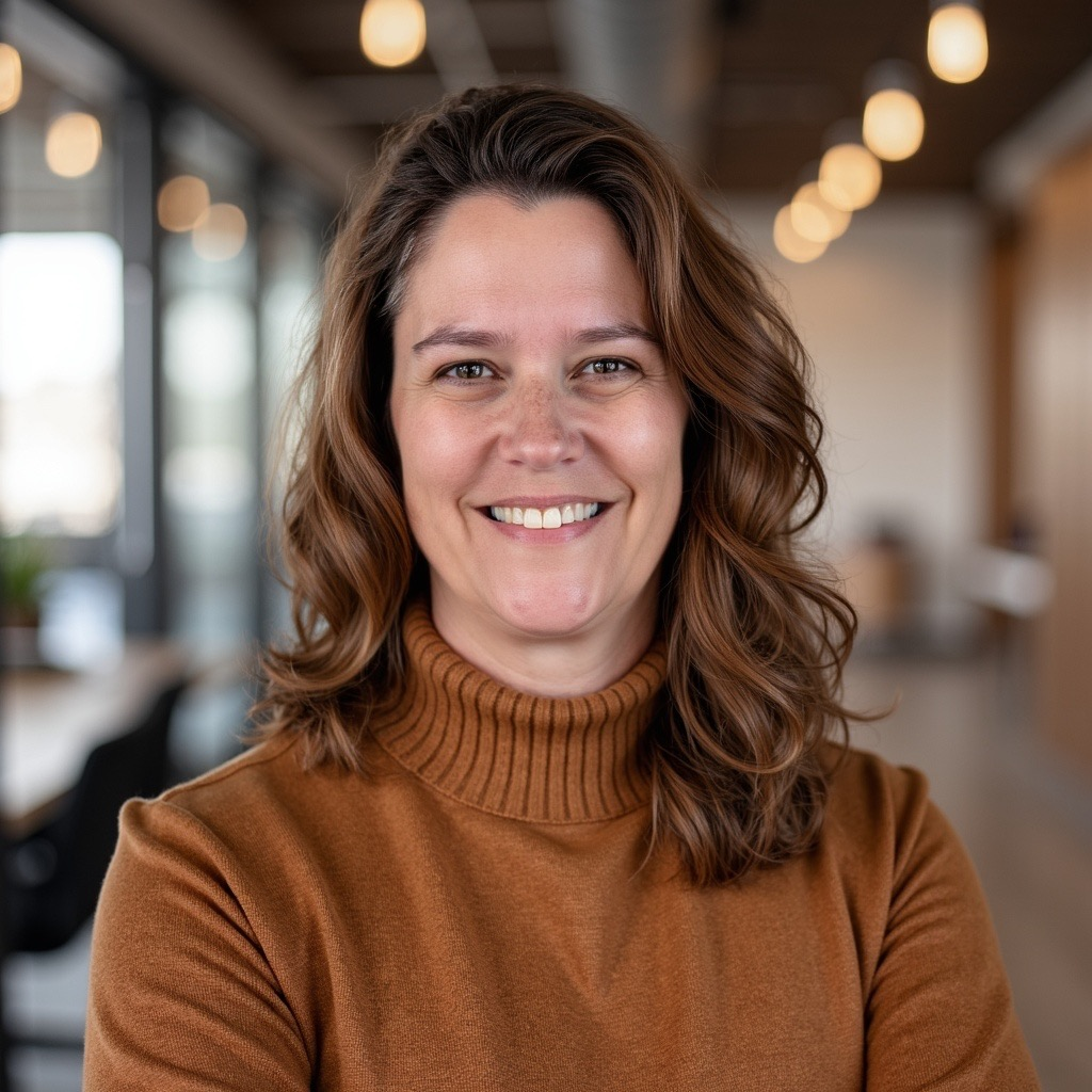 Smiling woman in brown turtleneck sweater standing in a modern office with softly blurred lights.