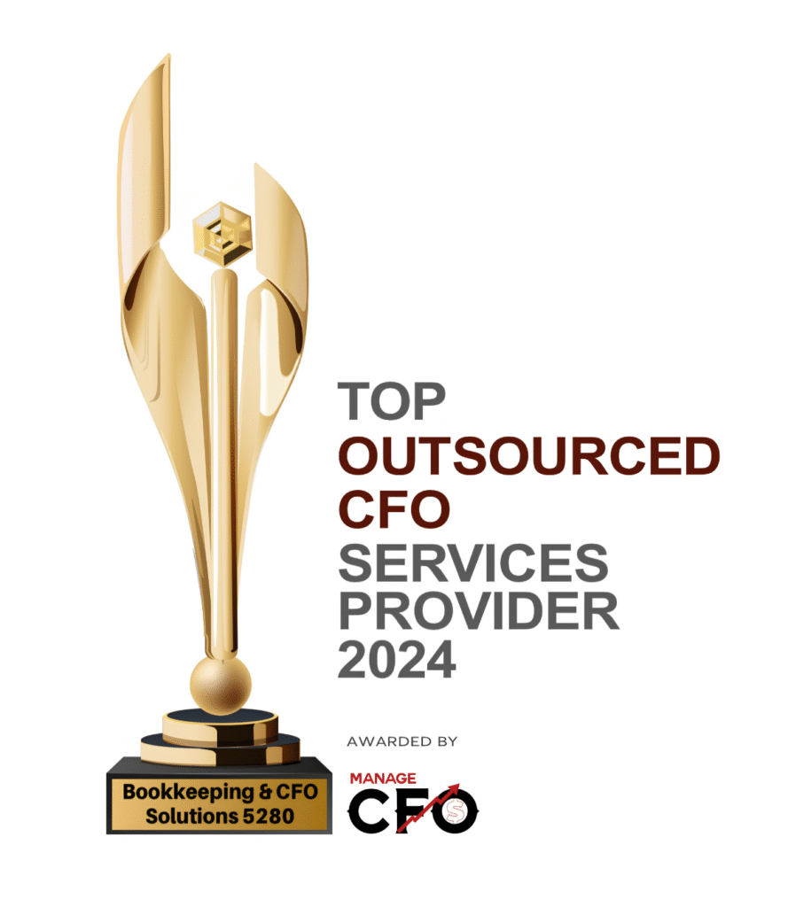 Gold award trophy recognizing Bookkeeping & CFO Solutions 5280 as Top Outsourced CFO Services Provider 2024.