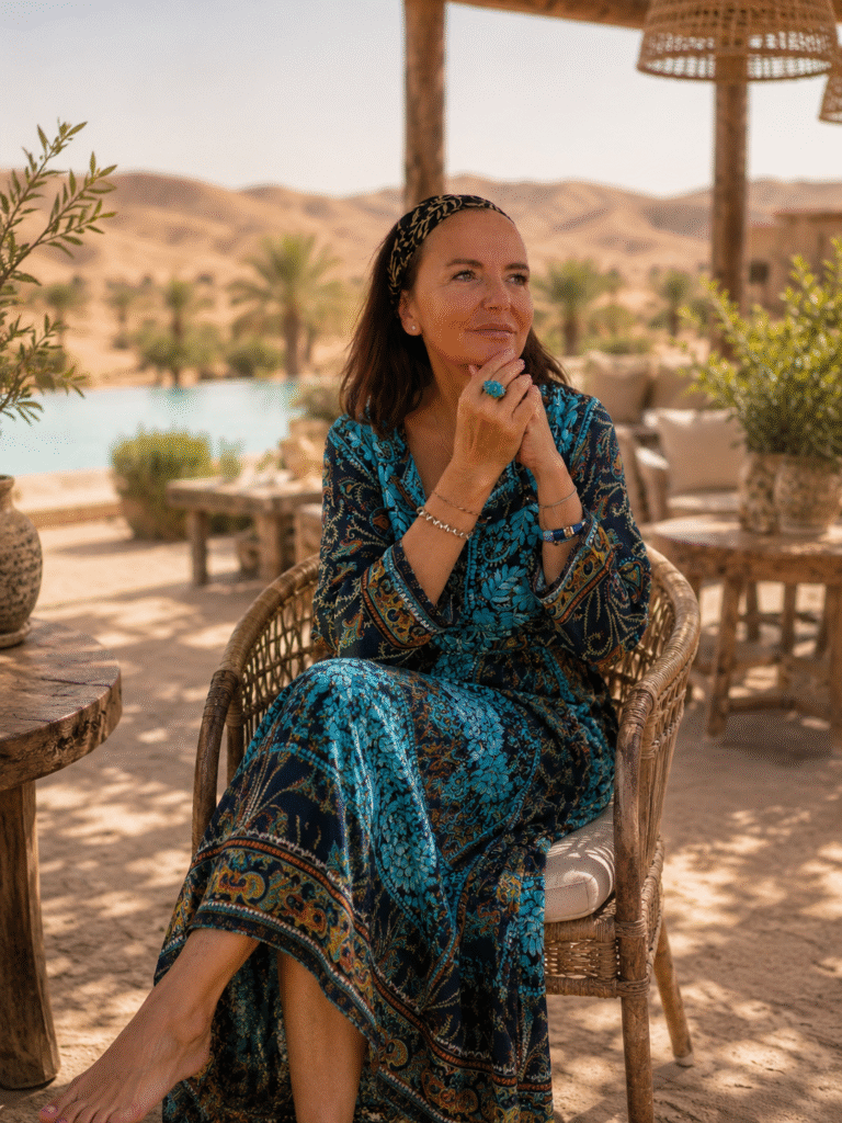 Rosita Leon seated outdoors at a desert oasis, reflecting peacefully beside a pool and mountain landscape.