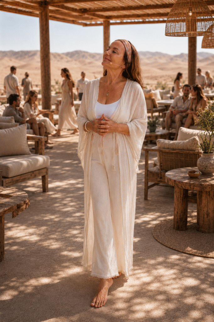 Rosita Leon speaking barefoot at a serene desert retreat, addressing attendees in a shaded outdoor gathering.