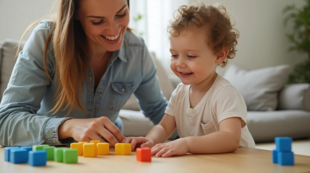 Parent and young child playing with colorful blocks during an in-home ABA therapy session.