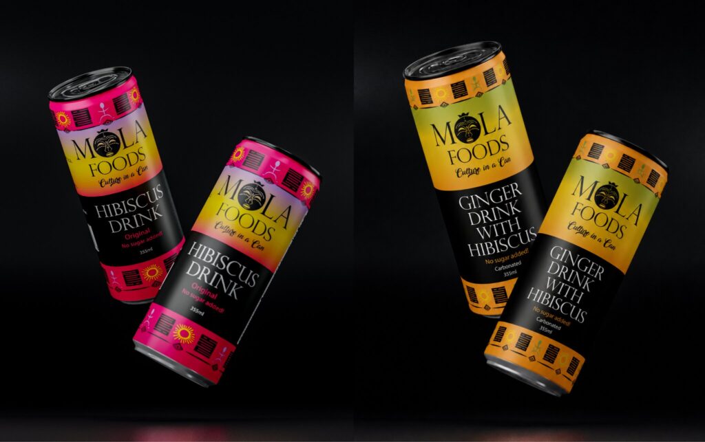 Mola Foods hibiscus and ginger hibiscus drink cans displayed against a black background.
