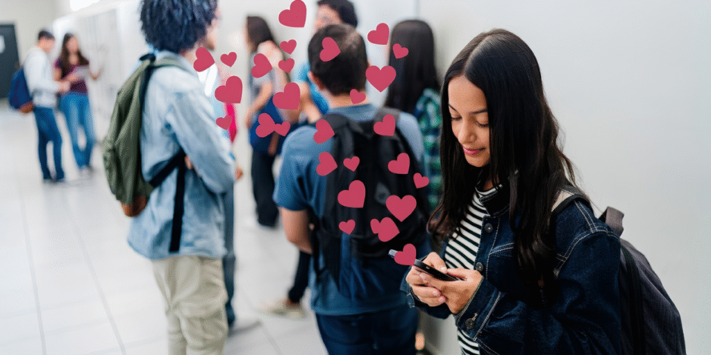 Person using a smartphone while others socialize nearby, illustrating modern online dating.