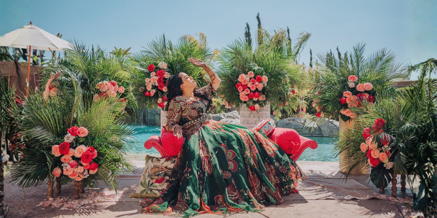 Designing the Feeling: How Onyx Moon Events Turns Vision Into Emotion Woman in an emerald gown poses on a floral lounge beside a pool at an elegant outdoor celebration.