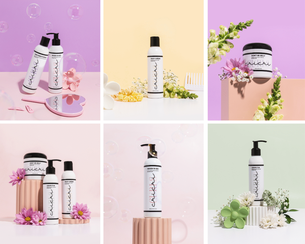 Fragrance-free Cricri Curls hair care products displayed with flowers and pastel backgrounds in a six-panel product collage.
