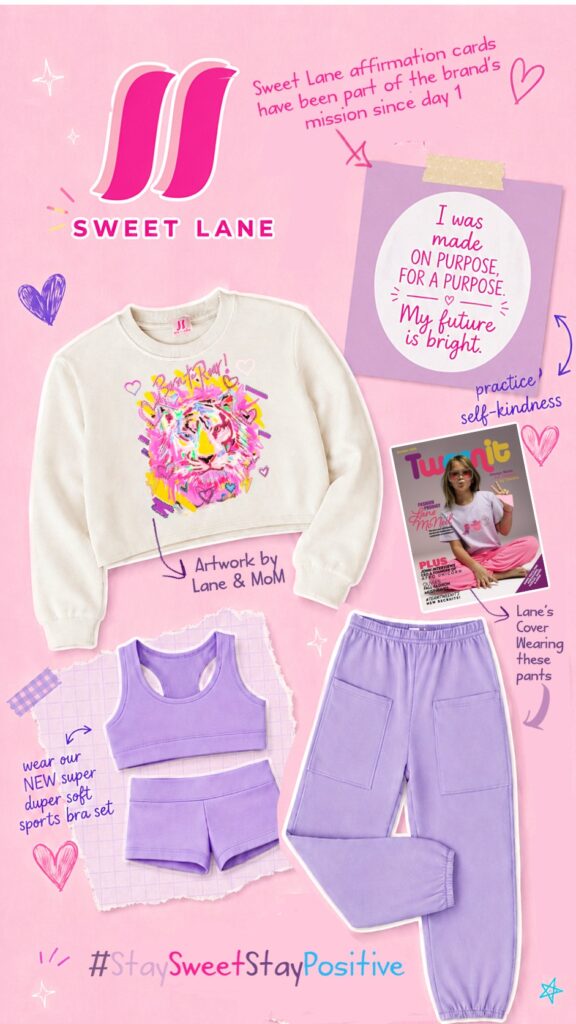 Sweet Lane collage featuring colorful tween apparel, affirmation card, and original artwork promoting positivity and self-expression.