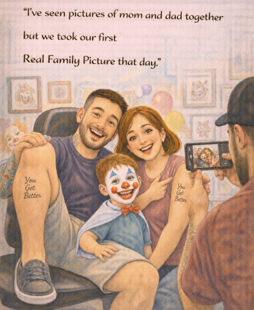 Illustrated family portrait with a smiling child in clown makeup and parents posing for a photo.