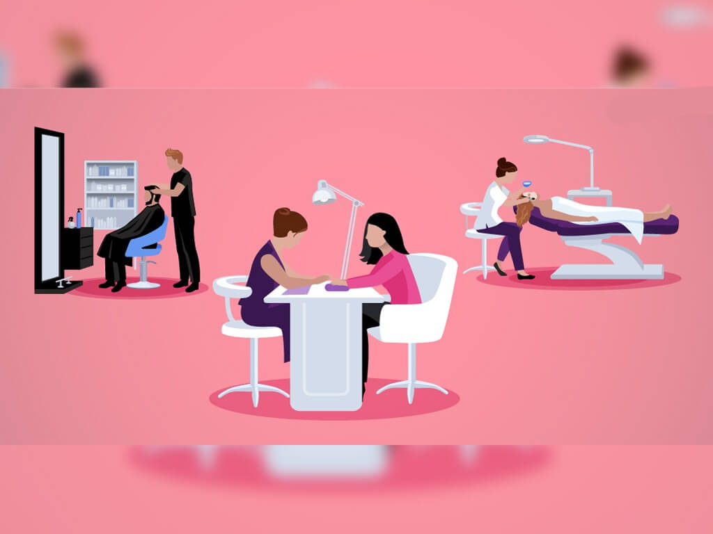 Illustration of salon, manicure, and spa treatments representing integrated beauty and wellness services.