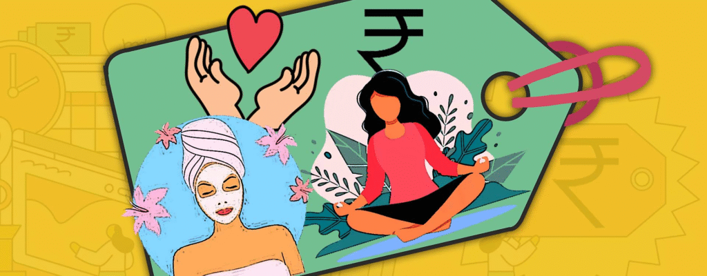 Illustration of self-care, meditation, skincare, and wellness symbols highlighting holistic health and beauty routines.