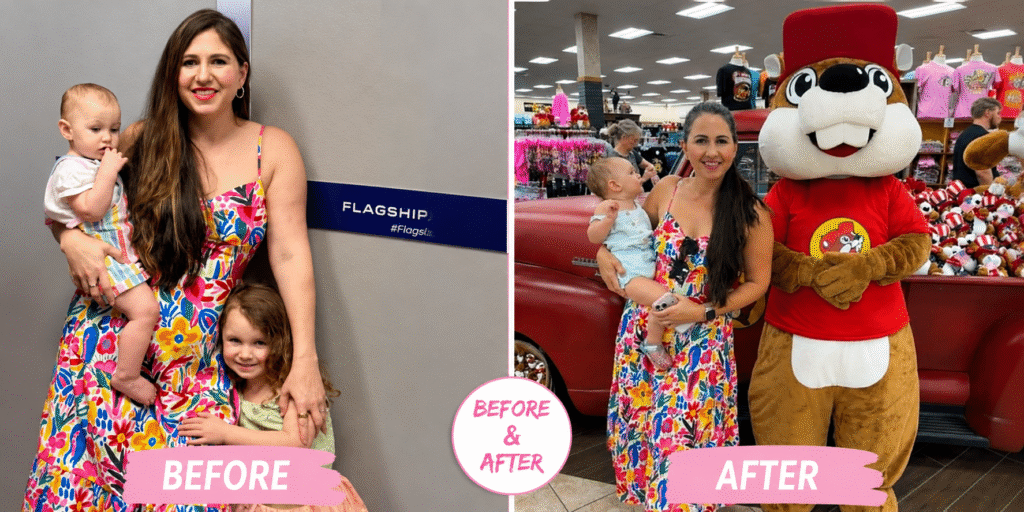 Before and after photos of Michelle Unger with her children, illustrating her personal wellness journey and renewed confidence.