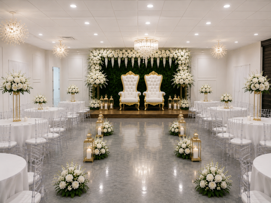 Elegant wedding venue with white floral aisle, gold lanterns, and twin throne chairs before lush greenery backdrop.