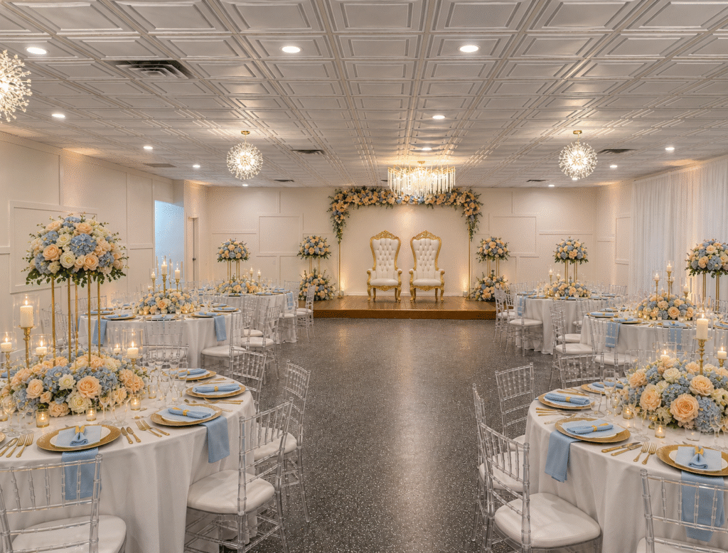 Reception hall with blue and ivory floral tablescapes, candlelit centerpieces, and twin throne chairs on stage.