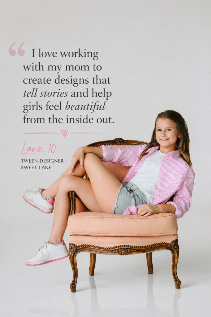 Girl designer smiles while reclining in vintage pink chair beside inspirational quote about creating designs with her mother.
