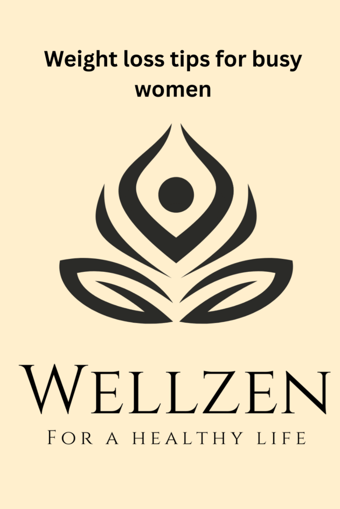 Weight loss tips for busy women banner featuring the Wellzen logo and healthy lifestyle branding.