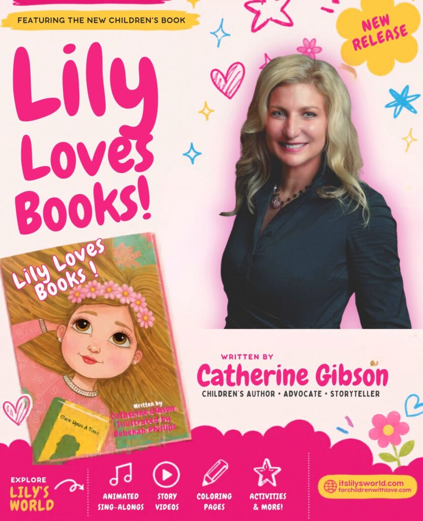 Author Catherine Gibson poses beside the Lily Loves Books cover in a colorful promotional graphic announcing the new release.