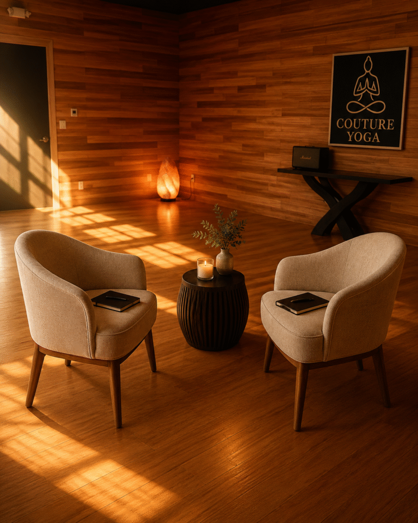 Peaceful consultation space at Couture Yoga Institute with chairs, candle, and warm natural lighting.