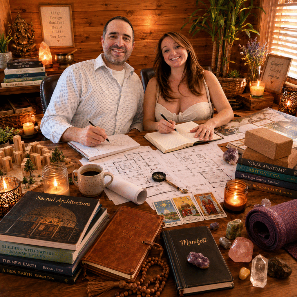 Nick and Rebecca Brancato planning wellness education programs surrounded by books, journals, and architectural plans.
