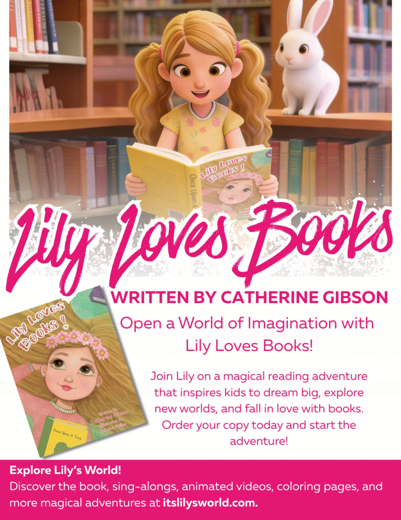 Animated girl reads Lily Loves Books in a library beside a white rabbit, promoting Catherine Gibson's children's book.