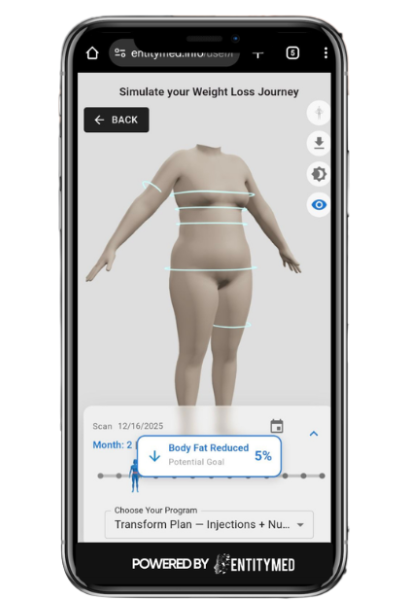 AI weight loss simulator displaying a body visualization and projected body fat reduction on a smartphone.