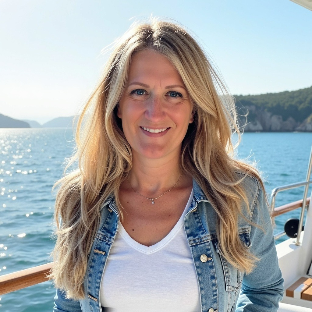 Jen Bro smiling aboard a boat with water and coastline in the background.