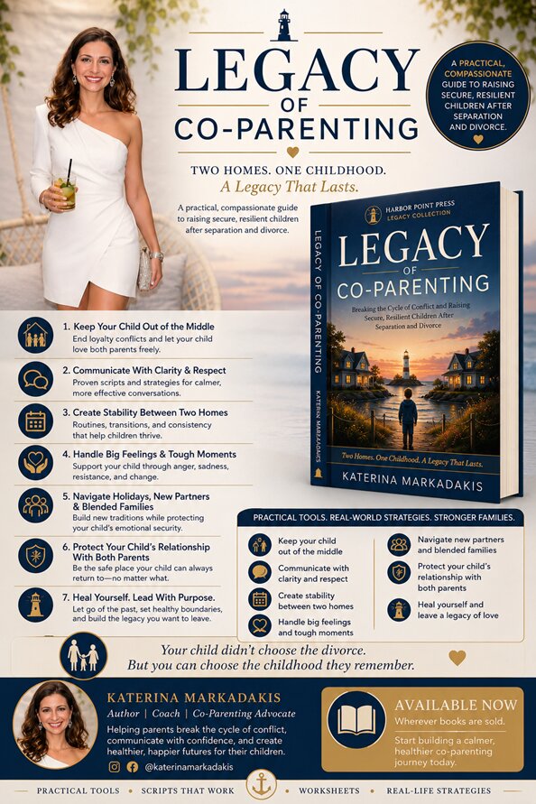 Promotional graphic for Legacy of Co-Parenting by Katerina Markadakis with book cover, author, and co-parenting resources.