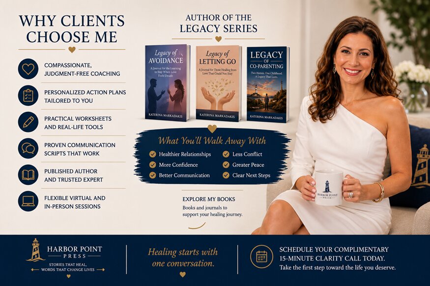 Katerina Markadakis promoting her Legacy Series books and coaching services while seated with a mug.