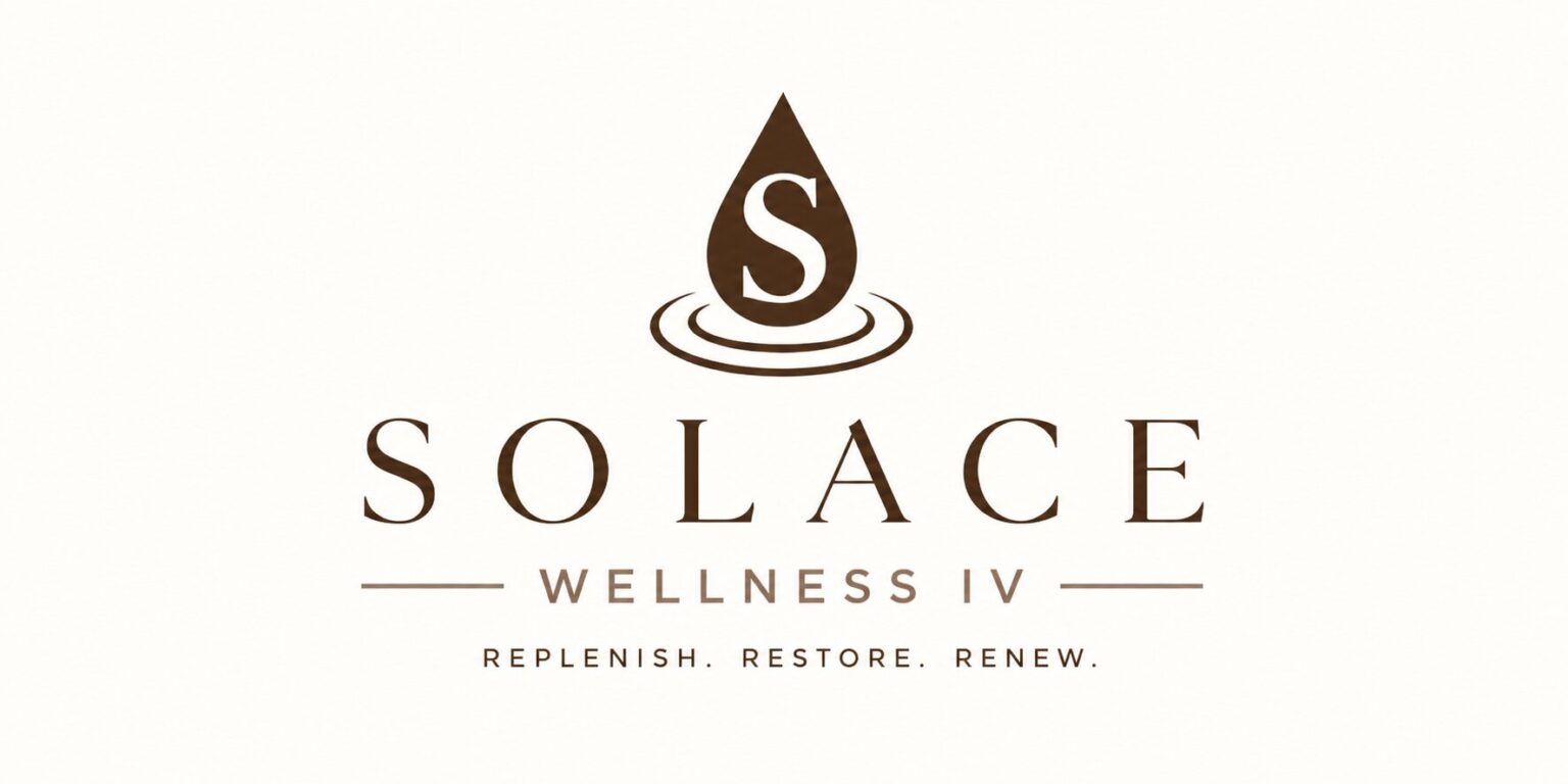 From Military Medicine to Wellness in Summerlin Solace Wellness IV logo with a stylized water droplet and the tagline "Replenish. Restore. Renew."