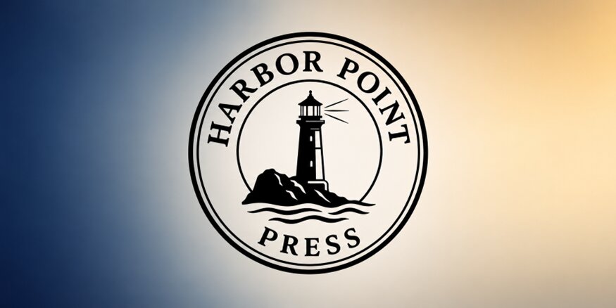 From Heartbreak to Hope: Katerina Markadakis’s Mission Harbor Point Press lighthouse logo on a blue and gold gradient background.