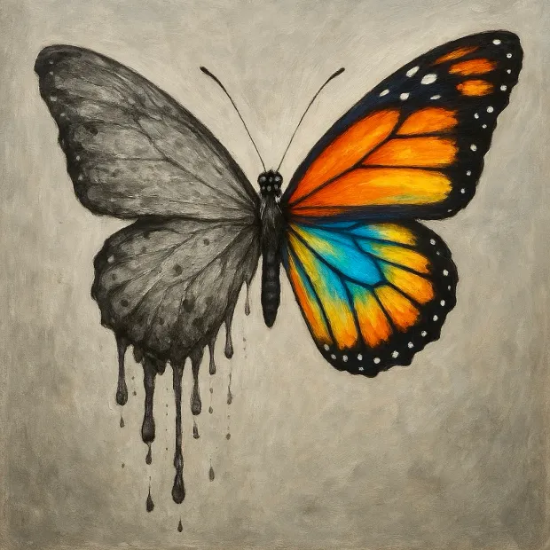 Butterfly artwork with one gray wing and one colorful wing symbolizing healing and transformation.