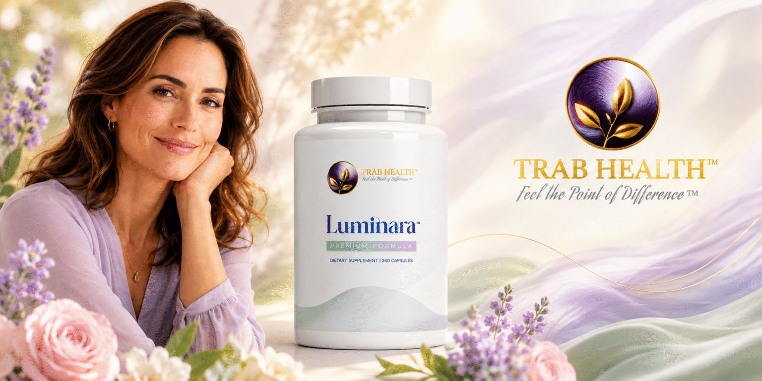 A More Connected Approach to Women’s Wellness Woman beside a Trab Health Luminara supplement bottle with Trab Health logo and floral background.
