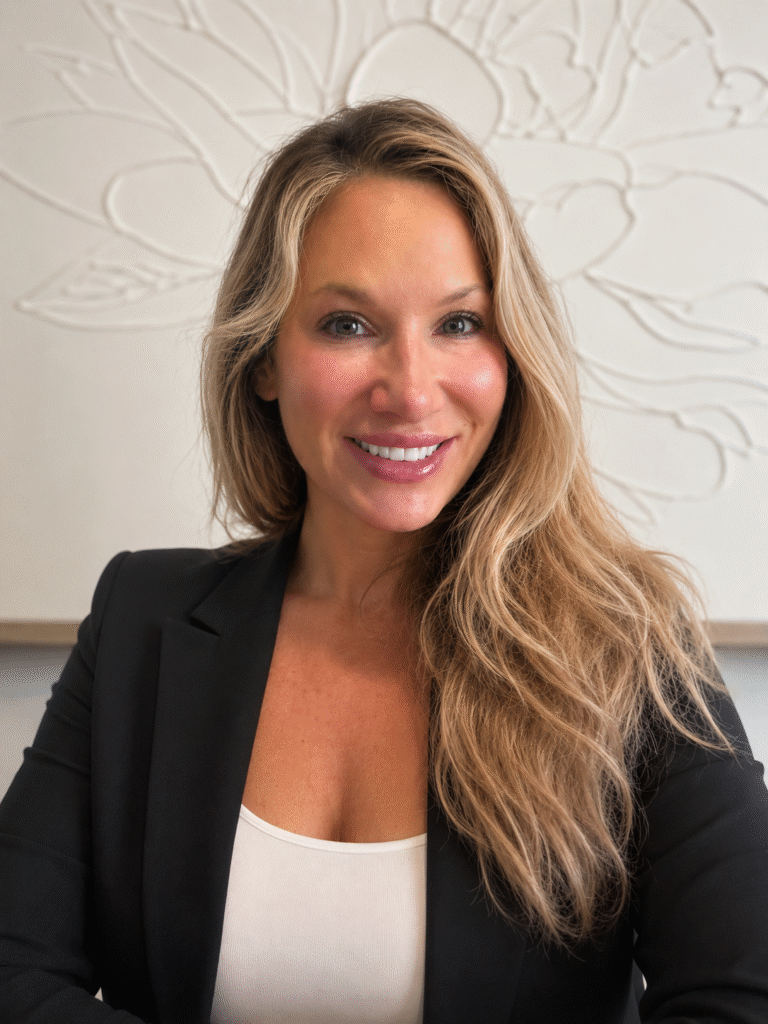 Katie Zoulek smiling in a black blazer against a white textured wall.