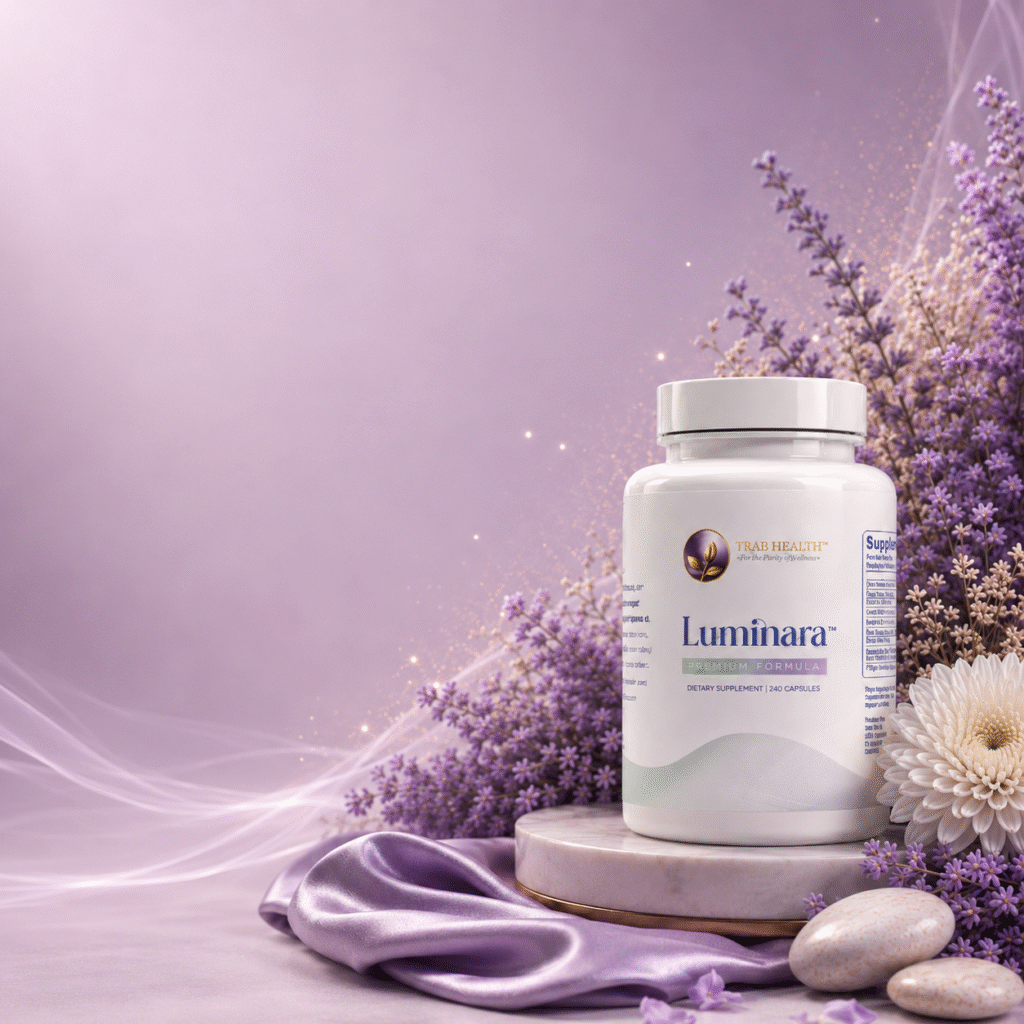 Trab Health Luminara supplement bottle displayed with lavender flowers and soft purple background.